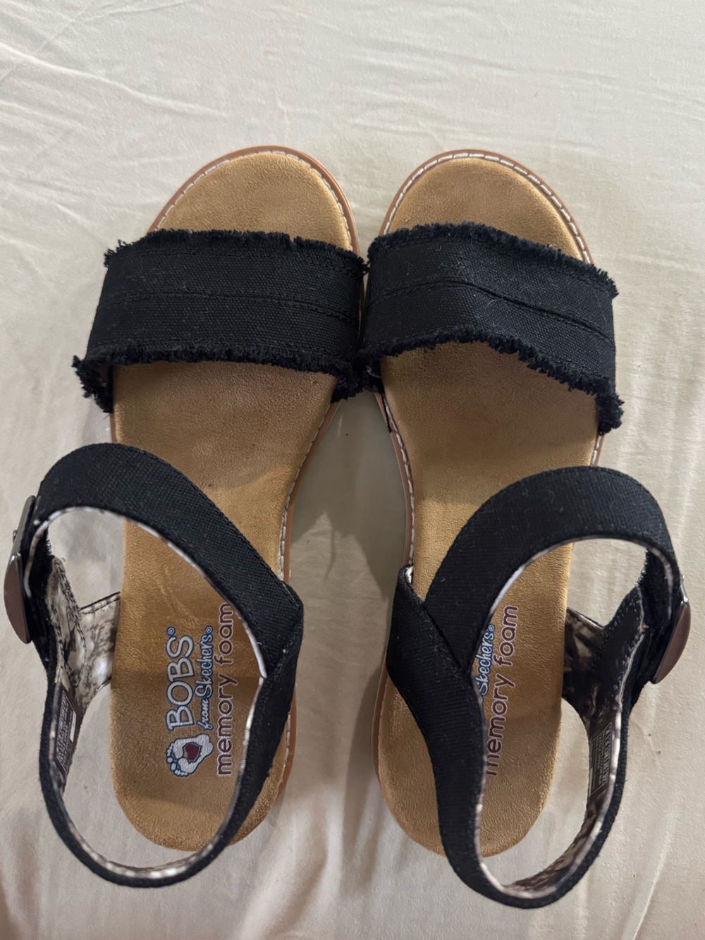BOBS from Skechers Black and Tan Frayed Strap Memory Foam Sandals